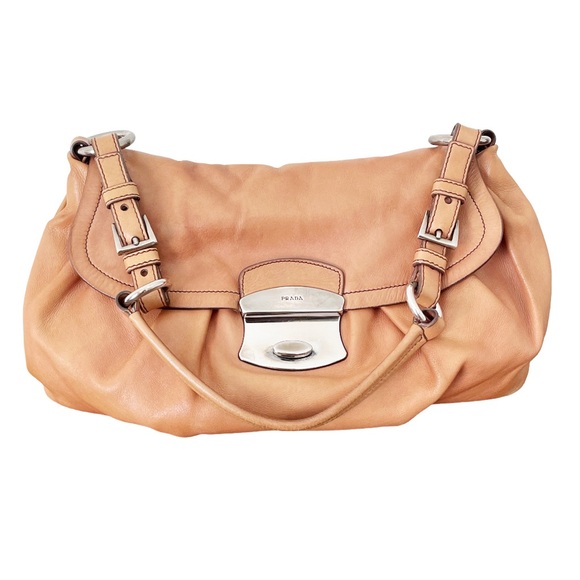 Prada brown nappa lambskin leather pushlock shoulder flap bag baguette - Picture 2 of 12